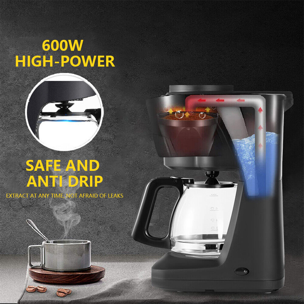 Black 6-Cup Drip Coffee Maker Auto-Off Keep-Warm Function with Reusable Filter