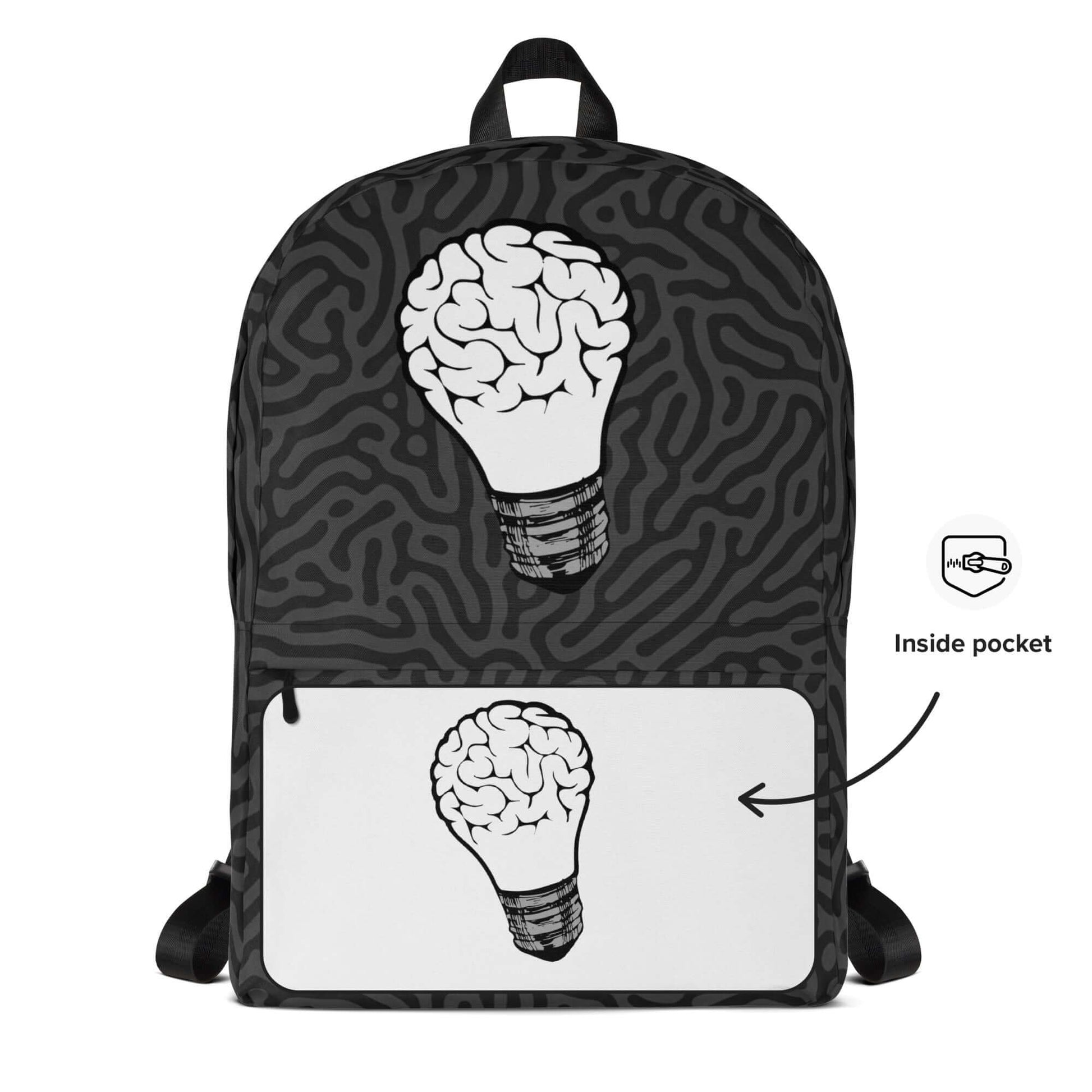 Mindset Coffee Backpack featuring a mind illustration, stylish design, and an inside pocket for added functionality.