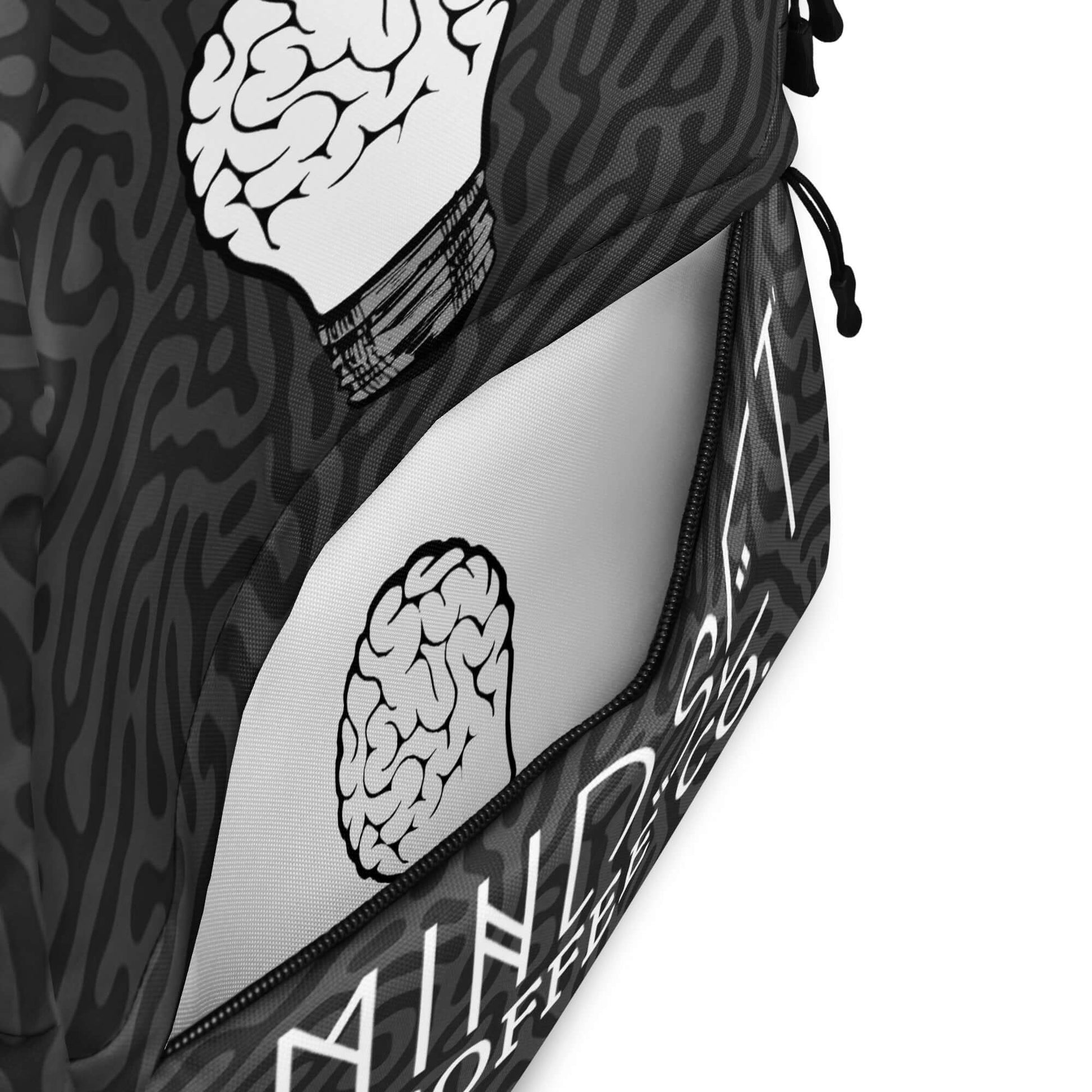 Mindset Coffee Backpack close-up design with brain graphics and stylish patterns